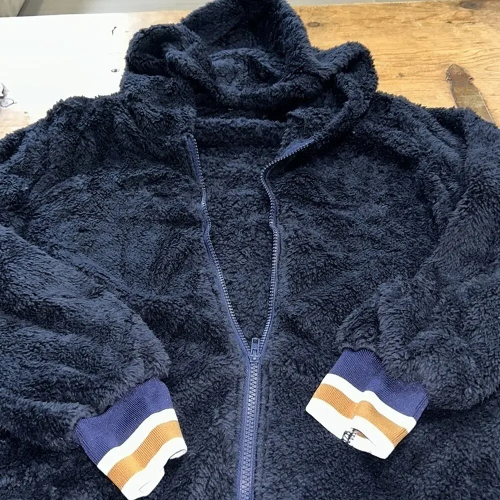 Women's Winter Fashion Warm Teddy Striped Zip Up Hooded Coat Sweatshirt Large